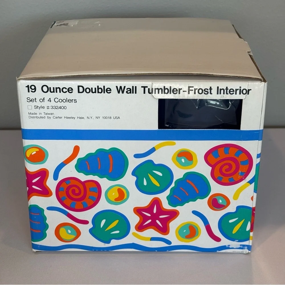 VINTAGE 90s CABANA CLUB Set of 4 Insulated Blue Plastic‎ Tumblers NIB